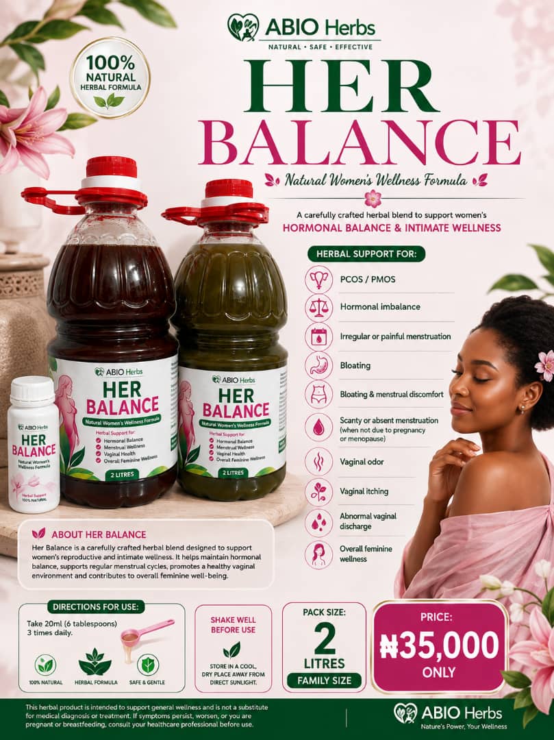 ABIO Her Balance product label β two bottles, one dark red and one green